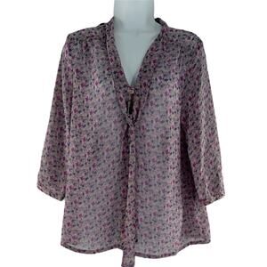 Tinley Road Neck Tie Blouse Sheer Floral Lilac Purple Button Front Top Size Med